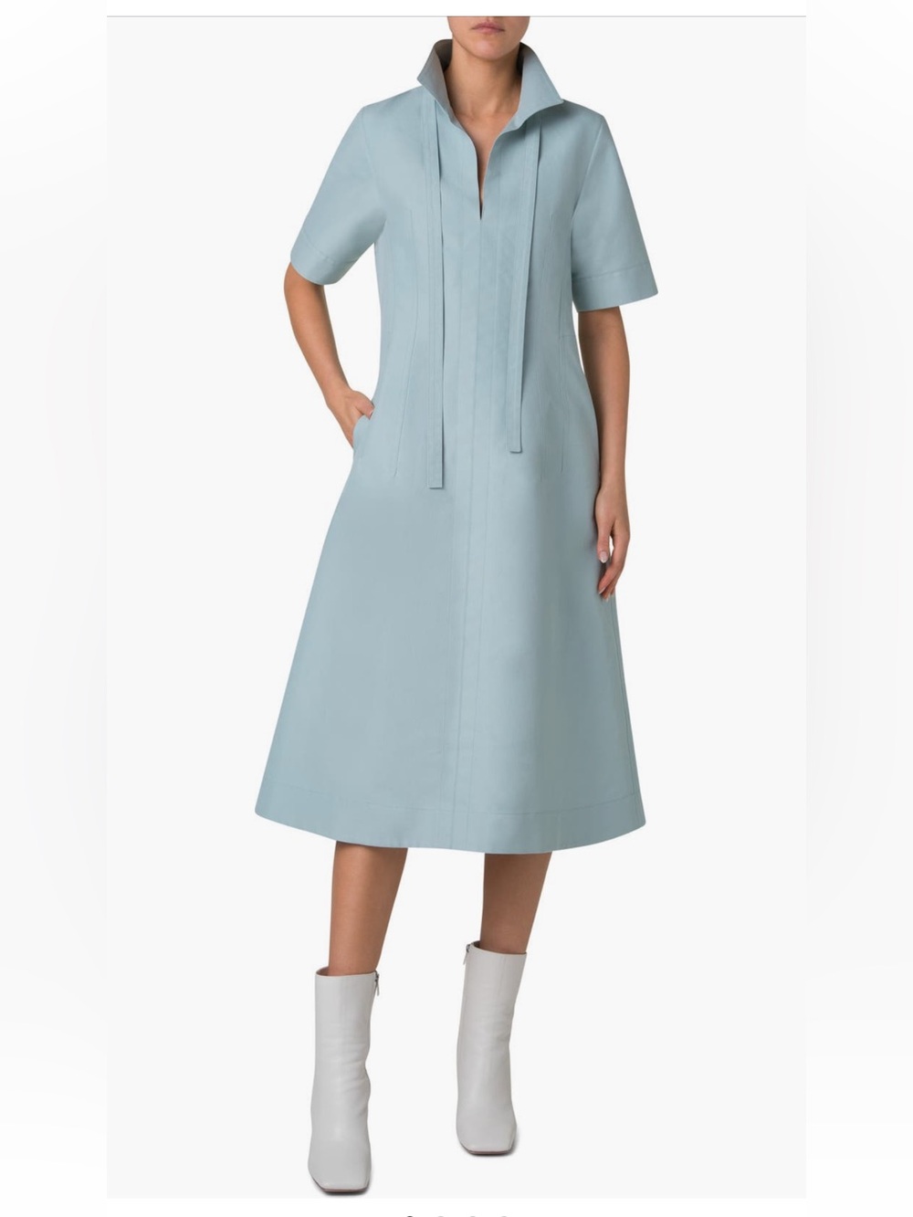 Akris Stone Blue Midi Poplin Dress with Tie